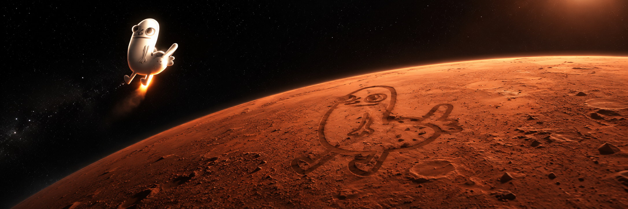 A dickbutt riding a rocket plume above Mars, with a colossal dickbutt geoglyph carved into the planet's surface below.