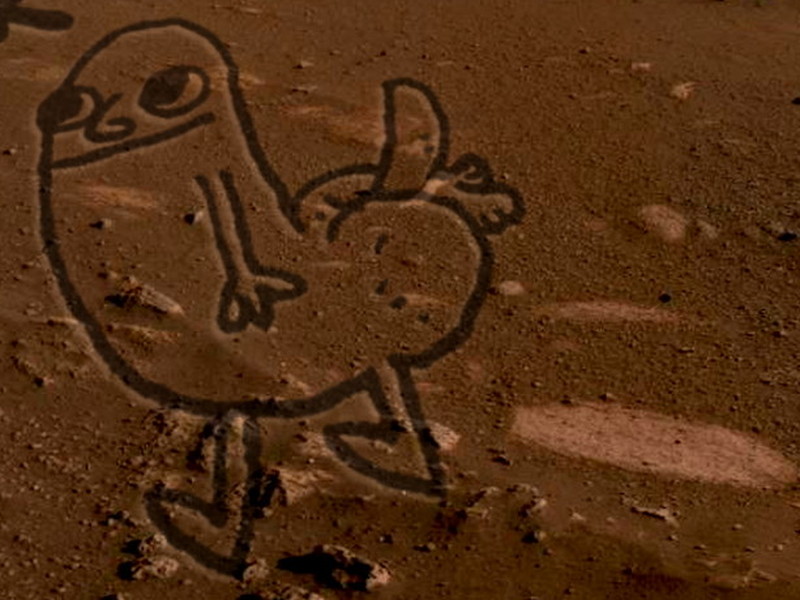 Close crop of the dickbutt scratched into Martian regolith.